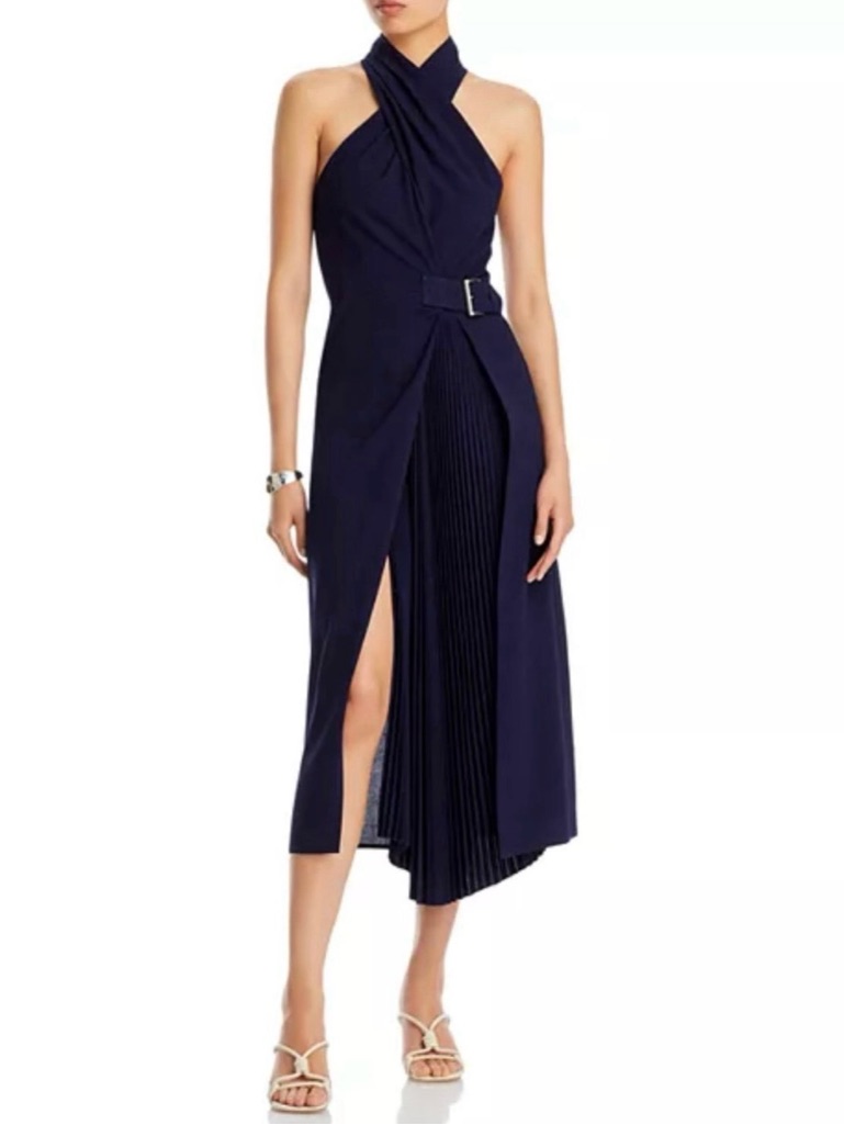 A.L.C. Fiona Twisted Halter Belted Navy Blue Pleated Skirt Midi Dress Sz 14 Nwt